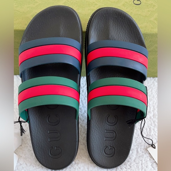 Authentic Gucci Men's Agrado Rubber Double Strap Stripe Slides Sandals - Picture 2 of 16